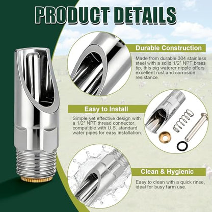 20 Pack Pig Water Nipple, 1/2" NPT Automatic Pig Nipple Waterer | Stainless Steel, Pig Water Feeder, Pig Waterer for Sows Piglets Drinking, Nipple Drinker