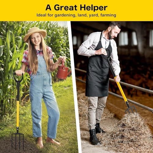 Pitch Fork, 4 Tine Heavy Duty Garden Fork Ergonomic Handle for Gardening