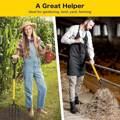 Pitch Fork, 4 Tine Heavy Duty Garden Fork Ergonomic Handle for Gardening