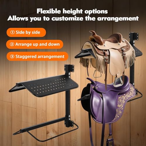 FAHKNS 2 Pc Saddle Rack Wall Mount, Heavy Duty Wall Mounted Saddle Stand Saddle Pad Rack for English Western Saddle, 4 Tier Flexible Saddle Stand for Tackroom, Stables, Storehouse etc.
