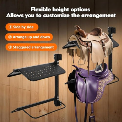 FAHKNS 2 Pc Saddle Rack Wall Mount, Heavy Duty Wall Mounted Saddle Stand Saddle Pad Rack for English Western Saddle, 4 Tier Flexible Saddle Stand for Tackroom, Stables, Storehouse etc.