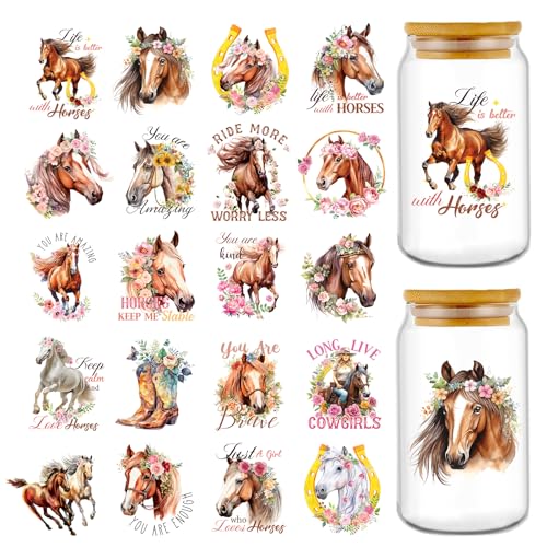Rngmsi UV DTF Cup Wrap - 20 Sheets Horse UVDTF Cup Wraps for 16 oz Glass Cups, Waterproof Western Decals for Mugs Water Botters, Flower Rub on Transfer Stickers, DIY Crafts - style: Horse