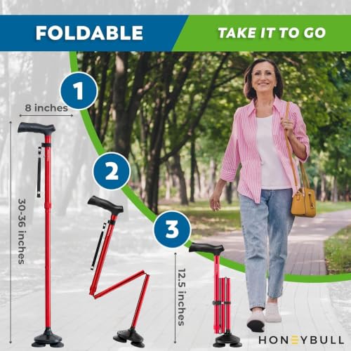 HONEYBULL Walking Cane for Men & Women, Foldable Free Standing Cane - color: Red
