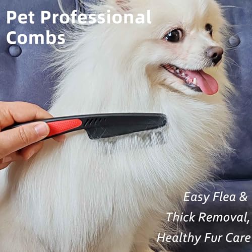 2 Pieces Fine Tooth and Wide Tooth Dog Grooming Comb - Rubber Handle Hair Comb for Small Dogs & Cats with Flea and Tick Removal (2PCS, Black Red)