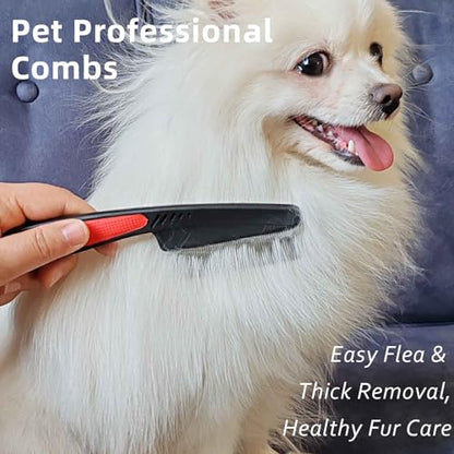 2 Pieces Fine Tooth and Wide Tooth Dog Grooming Comb - Rubber Handle Hair Comb for Small Dogs & Cats with Flea and Tick Removal (2PCS, Black Red)