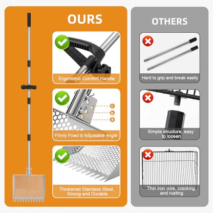 Chicken Poop Scooper & Rake 2-in-1,Stainless Steel Shovel Head Chicken Coop Scoop with 22 to 63" Adjustable Handle,Sifting Litter Shovel Scoop for Chicken Coop/Goat Stall/Stable Cleaning