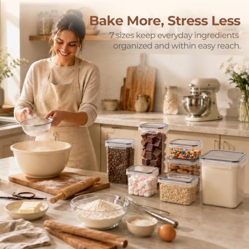 ComSaf Airtight Food Storage Containers with Lids 7size 11Pack, Stackable | Plastic Canister, Flour Sugar Cereal Pasta Rice Oats Coffee Snacks Dry Food, Pantry Kitchen, Label & Scoop, BPA-free, Clear - size: 7 Size-Rectangle