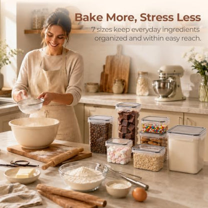 ComSaf Airtight Food Storage Containers with Lids 7size 11Pack, Stackable | Plastic Canister, Flour Sugar Cereal Pasta Rice Oats Coffee Snacks Dry Food, Pantry Kitchen, Label & Scoop, BPA-free, Clear - size: 7 Size-Rectangle