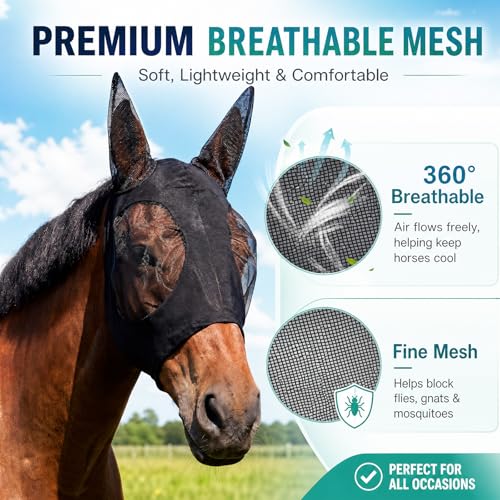 Hsei Mule Horse Fly Mask Set with Fly Boots with Ears Breathable Pony Equine Mask Horses Accessories for Pony Miniature Foal Draft Cob Arabian Donkey Farm Pet Small