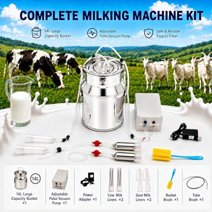 Electric Milking Machine for Goats and Cows, 14L Portable Cow Milker Machine Pulsating Design with Adjustable Stainless Steel Milk Can and Silicone Tubing, Suitable for Small Farms and Home Use