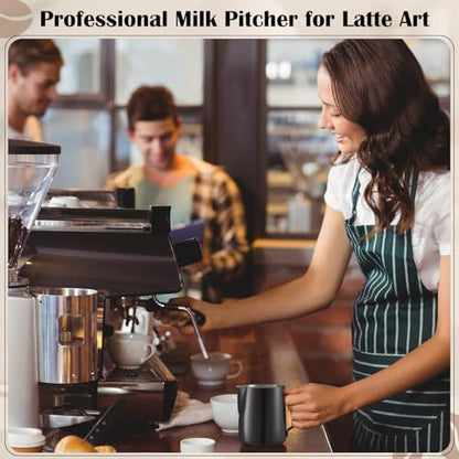 Honeydak 6 Pcs Milk Frothing Pitcher 304 Stainless Steel Steaming Pitchers for Coffee Bar Cappuccino Barista Tools Milk Jug Steamer Frother Cup (12 oz) - color: Black, size: 12 oz