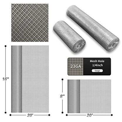 Hardware Cloth 8'' x 20' 1/4 in Galvanized Wire Mesh Roll (23 GA) Chicken Wire Fence Roll for Chicken Pen/coop Fences, Screen mesh, Rabbit/Snake Fences, Poultry enclosures, Handicraft Making, etc. - size: 8In x 20Ft