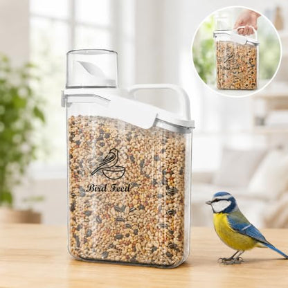 Bird Seed Storage Container,2.8L Airtight Bird Food Container with Handle and Measuring Cup,Portable Pet Food Container for Wild Bird Sunflower Seed-BPA Free Transparent/White - color: WHITE BIRD