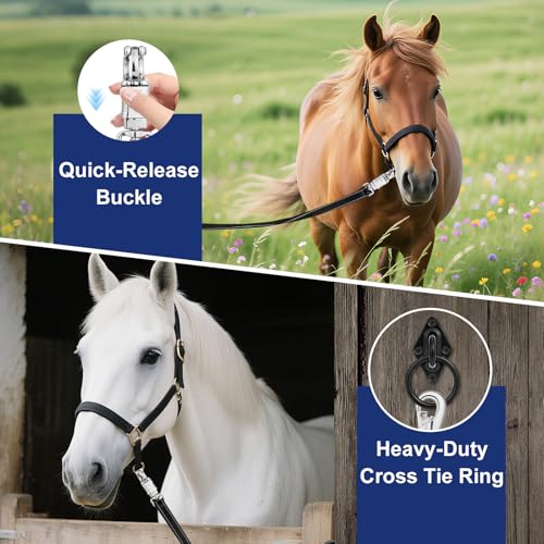 Heavy-Duty Cross Ties for Horses - Adjustable Nylon Horse Trailer Ties with Strong Panic Snap & Bull Snap (59"-102"), Set with 2 Pack Tie Rings & 8 Matching Screws (Black)