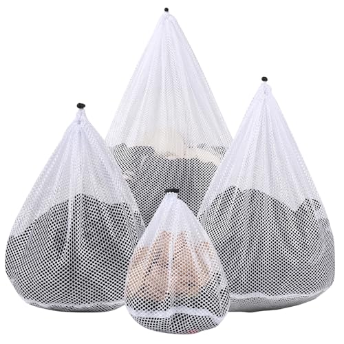 4Pcs Mesh Laundry Bags Washing Machine Mesh Wash Bags for Clothes,Underwear,Lingerie, Bed Linen with Drawstring Closure Sturdy(4 Size) - color: White, size: Pack 4 pcs