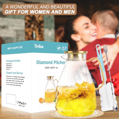 Glass Pitcher, 2.4Liter Water Pitcher With Lid | Iced Tea Pitcher for Fridge, Glass Water Carafe With Lid, Glass Water Jug, Large Drink Pitcher For Juice, Milk, Cold Or Hot - size: 2.4 liters