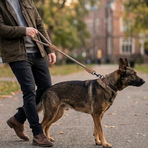 Mile High Life Dog Leash Braided Cotton Rope with Leather-Reinforced Ends - color: Camel, size: 18 Inch-1/2"