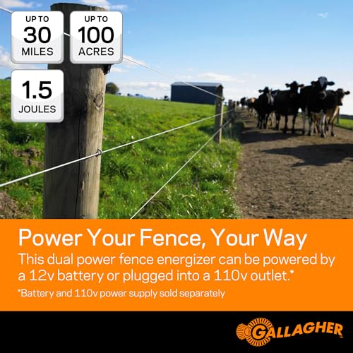 Gallagher MB150 Multi-Power Electric Fence Energizer | 1.5 Joule Fence Charger for Livestock & Pasture Fencing | 110V Plug-in or 12V Battery Powered | Powers Up to 30 Miles