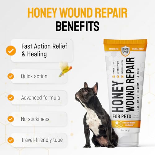 Dog Wound Care with Manuka Honey & Colloidal Silver for Scratches & Skin Irritations – Cat & Dog Hot Spot Treatment Gel Works as Honey Rapid Wound Repair for Horses – for All Pets – 2-Oz