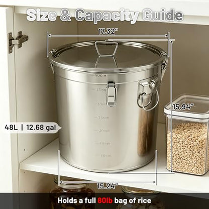 304 Stainless Steel Extra Large Rice Storage Container 12.7Gal/48L Airtight Canister with Locking Lid & Buckle, Food Grade Sealed Bucket Holds 40-90Lbs for Rice, Flour, Grain - size: 48L