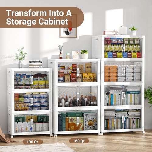 BROVIEW 640QT Large Stackable Storage Bins with Clear Doors, V20 4Pack | 160Gal Plastic Closet Organizer Cabinet with Lid and Wheels, Collapsible Latch Box Folding Drawer for Home, White - size: 160QT-4Pack