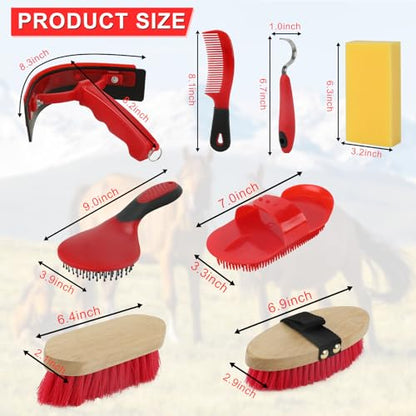 Horse Grooming Kit, 9-Piece Horse Brush Set with Tote Bag, Red - color: Red