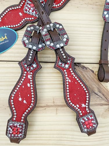 Western Leather Headstall & Breast Collar Set for Horses - Valentine’s Day Silver Metallic Cowhide with Rhinestones - color: Red