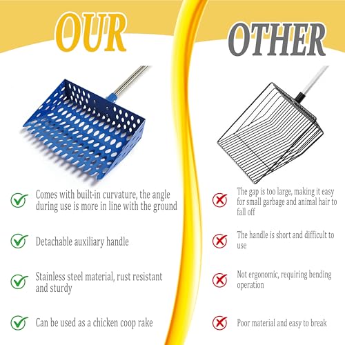 XCL Chicken Poop Scooper & Rake 2-in-1, Large 20 inch Metal Chicken Poop Scooper Head, with Adjustable Handle(39-67inch), Sifting Shovel for Sand and Bedding, Chicken Coops Cleaning Tools (Blue) - color: Blue