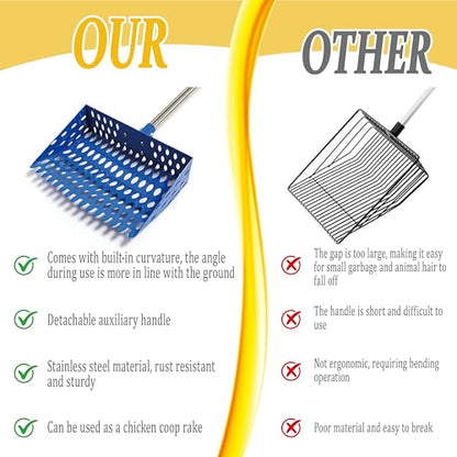 XCL Chicken Poop Scooper & Rake 2-in-1, Large 20 inch Metal Chicken Poop Scooper Head, with Adjustable Handle(39-67inch), Sifting Shovel for Sand and Bedding, Chicken Coops Cleaning Tools (Blue) - color: Blue