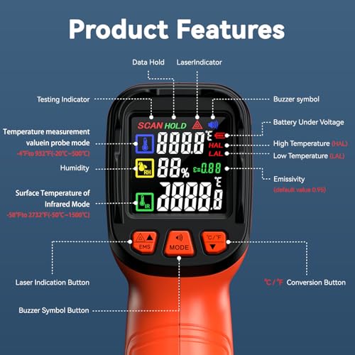 Infrared Thermometer Gun, -58°F to 2732°F, Dual-Mode 50:1 - color: Orange/-58°F to 2732°F and -4°F to 932°F