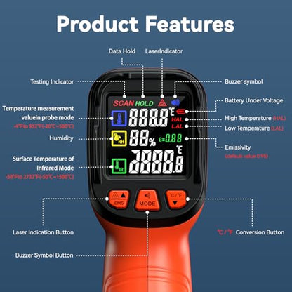 Infrared Thermometer Gun, -58°F to 2732°F, Dual-Mode 50:1 - color: Orange/-58°F to 2732°F and -4°F to 932°F