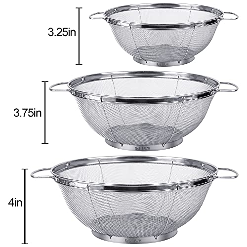 3 Pack 18/8 Stainless Steel Colander Sieves(5-Quart, 4-Quart and 3-Quart), Mesh Strainer Net Baskets with Handles & Resting Base for Strain, Drain, Rinse or Steam - size: 3 Qt. + 4 Qt. + 5 Qt.