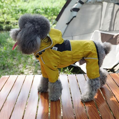 LOVELONGLONG Fleece-Lined Dog Raincoat with Removable Hood – Waterproof Winter Full Body Dog Jacket – Windproof Snowproof Cold-Weather Suit – Yellow-F M - color: Mustard Yellow Fleeced, size: M (Back 14")