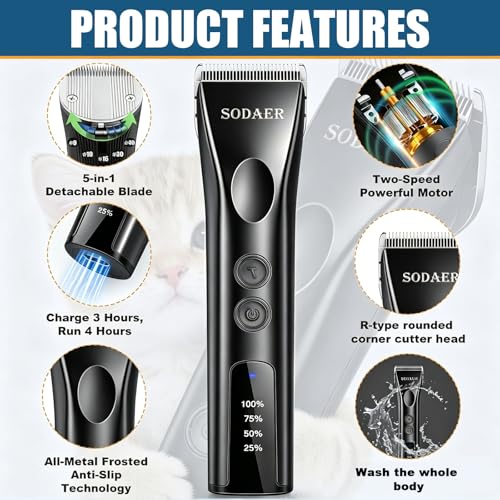Professional Dog Grooming Clippers, Cordless Pet Hair Clipper - color: Black