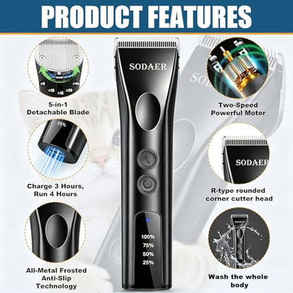 Professional Dog Grooming Clippers, Cordless Pet Hair Clipper - color: Black