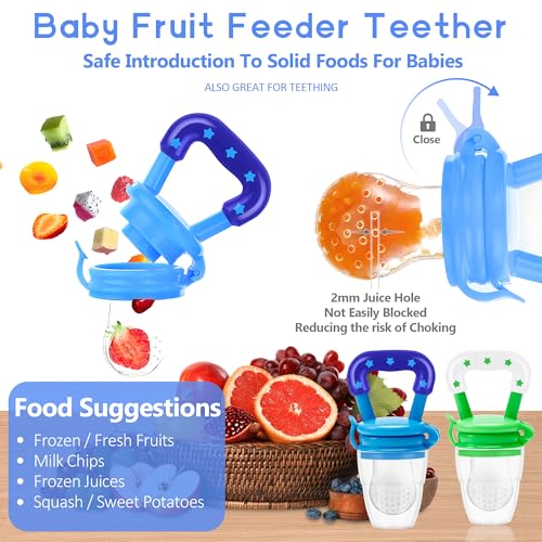 Baby Fruit Feeder Pacifier - 5 Pack | 2 Baby Food Feeder Pacifier & 1 Infant Food Dispensing Spoon | Fresh Fruit Teethers for Babies | Shower Gifts for Boys and Girls (Blue & Green) - color: 07-Blue