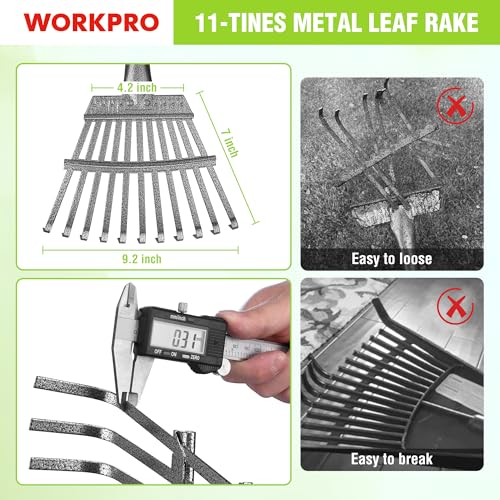 WORKPRO Rake, Small Rake for Leaves with 72” Adjustable Long Handle - size: 11 TINE