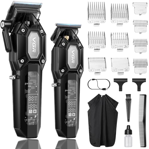 VGR Professional Hair Clippers for Men, Cordless Barber Clippers and Trimmers Set, Mens Hair Cutting Kit with 10 Guide Combs, USB Rechargeable Haircut Machine for Family, LED Display, Black - color: Black