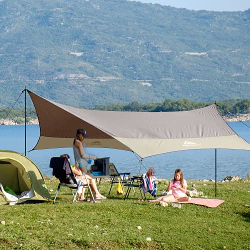 Forceatt 12x14FT Waterproof Camping Tarp with 2 Poles, Sun Shelter for Car, Tent, Hammock in Camping, Hiking, Backpacking, Garden and Traveling - color: Brown & Khaki