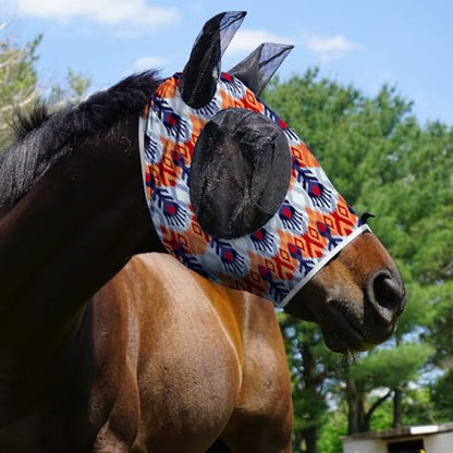 Harrison Howard Super Comfort Stretchy Fly Mask Large Eye Space with UV Protection Soft on Skin with Breathability Tribe Feather Full Size - color: Tribe Feather, size: Full(Large)