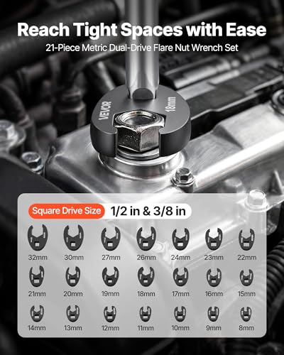 VEVOR Crowfoot Wrench Set, 1/2" and 3/8" Drive, 21-Piece Metric Dual-Drive Flare Nut Crows Foot Wrenches, with Storage Case, Dual Size Markings on Tools and Case, for Maintenance - size: 1/2" 3/8" 21 PCS