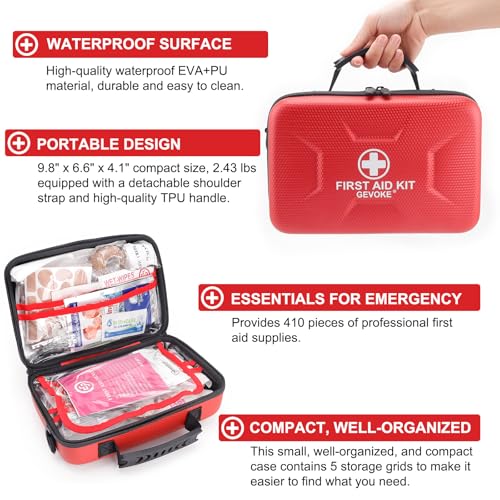 Gevoke 410 Piece Waterproof Hard Shell First Aid Kit, Red | For Home, Car, Travel, Camping, Truck, Hiking, Sports, Office, Vehicle & Outdoor, Emergency Medical Kits - color: Red
