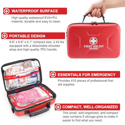 Gevoke 410 Piece Waterproof Hard Shell First Aid Kit, Red | For Home, Car, Travel, Camping, Truck, Hiking, Sports, Office, Vehicle & Outdoor, Emergency Medical Kits - color: Red
