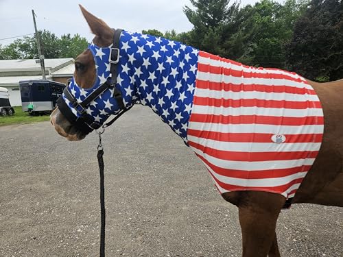 Derby Originals Stars & Stripes Lycra Horse Sleazy Hood with Zipper, Fleece Noseband, Belly Strap – Stretch Neck Cover for Average Horses, Great for Shows & Parades (72"-76")