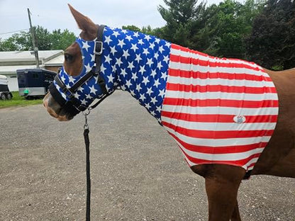 Derby Originals Stars & Stripes Lycra Horse Sleazy Hood with Zipper, Fleece Noseband, Belly Strap – Stretch Neck Cover for Average Horses, Great for Shows & Parades (72"-76")