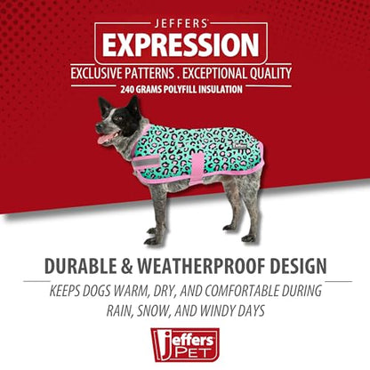 Jeffers Expression Dog Coat Waterproof Ripstop Winter Jacket 30" – 240g Insulated Blanket, Adjustable Belly & Chest Straps, Reflective Strips, Small to Large Breeds, Outdoor & Travel - Party Cheetah - color: Party Cheetah, size: 30"