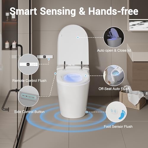Smart Toilet with Bidet Elongated Heated Seat Dual Flush/Seat & Lid | Foot Sensor Electric Modern One Piece Toilet with Warm Water Wash&Air Dry LED Display Siphon Flush 1.28 GPF MAP 1000g - color: Ivory White