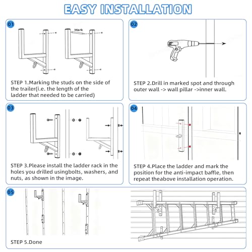 Cargo Trailer Ladder Rack-200lb Load-Carry 1-2 Ladders-Adjustable Aluminum Side Mount RV Ladder Rack-Rubber Pads/Bungee Cords/Hooks for Open/Enclosed Trailer/Garage/Shed Exterior/Interior Wall