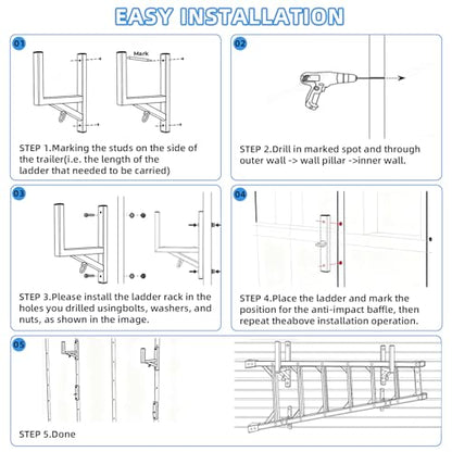 Cargo Trailer Ladder Rack-200lb Load-Carry 1-2 Ladders-Adjustable Aluminum Side Mount RV Ladder Rack-Rubber Pads/Bungee Cords/Hooks for Open/Enclosed Trailer/Garage/Shed Exterior/Interior Wall