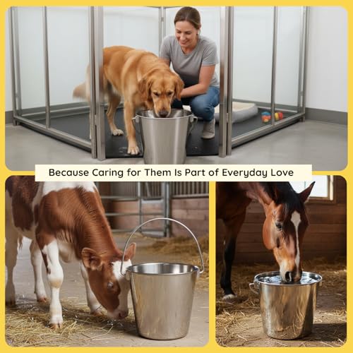 16 quart Heavy Duty Stainless Steel Round Bucket with Handle | 4 gal Sturdy Food & Water Bowl for XL Dog Goat sheep Horse & Livestock | Fits kennel Crate Cages Farm | Hanging Utility Pail - size: 16 Quarts